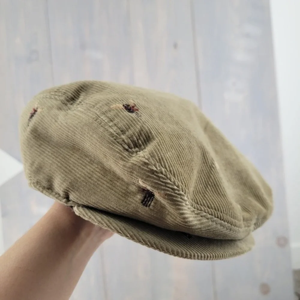 Janie and Jack Flat Cap Kids 6-8 Tan Corduroy Bull Embroidered Newsboy Hat Moose